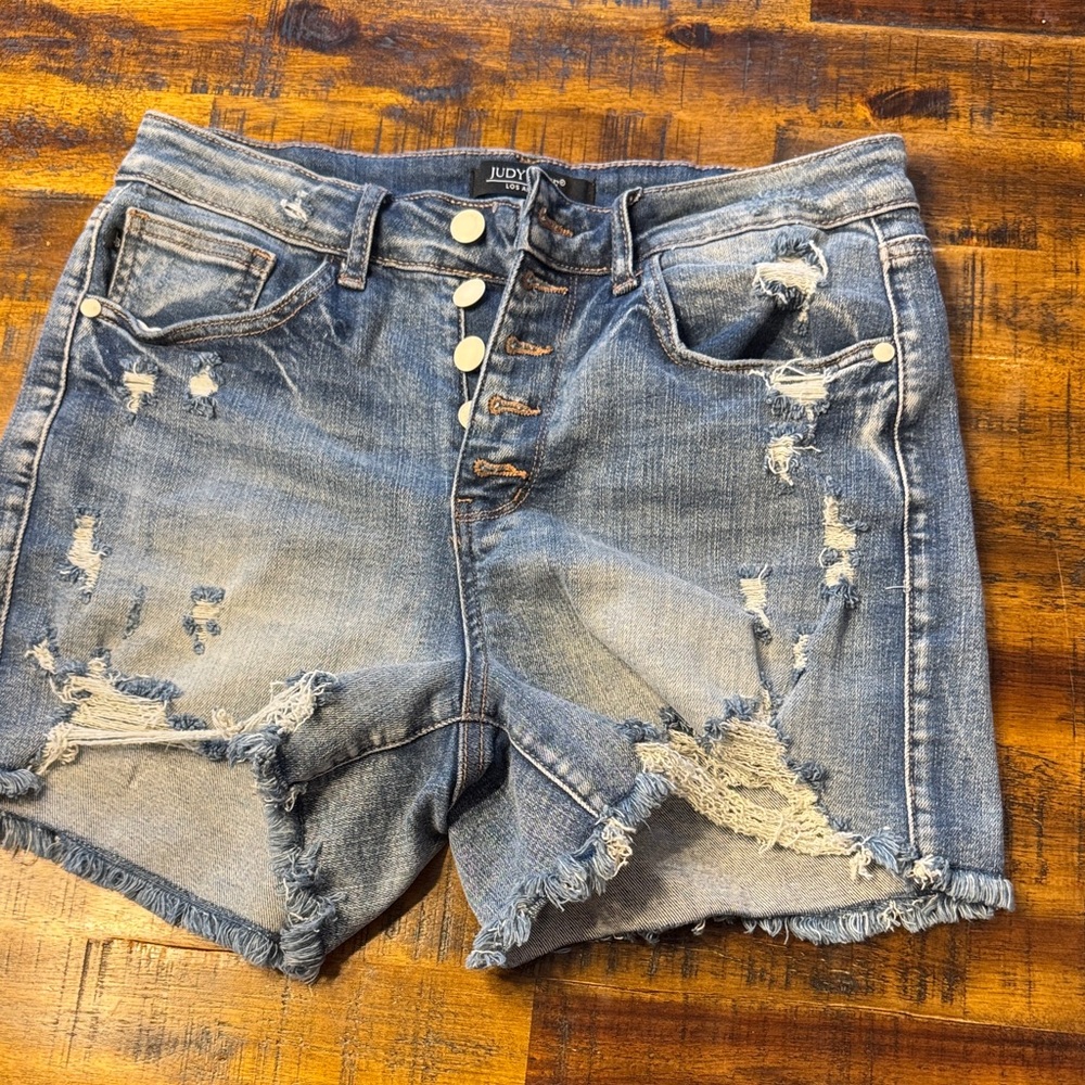 Judy Blue Faded Distressed High-Rise Denim Shorts - Light Blue